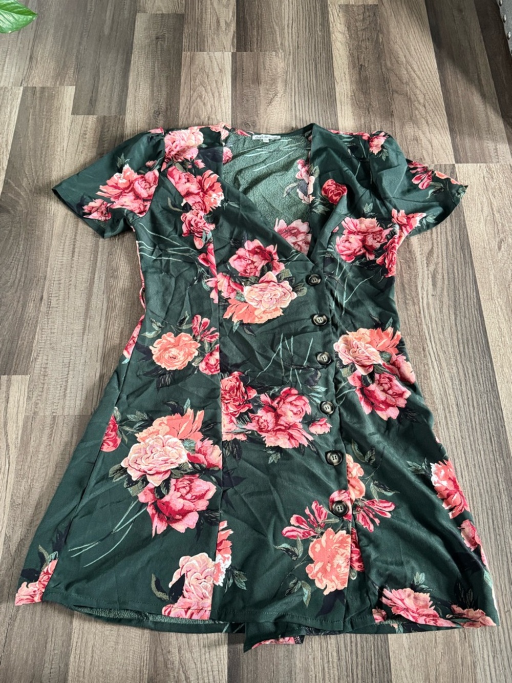 Charlotte Russe Dark Green Mini Dress with Pink Floral Print
